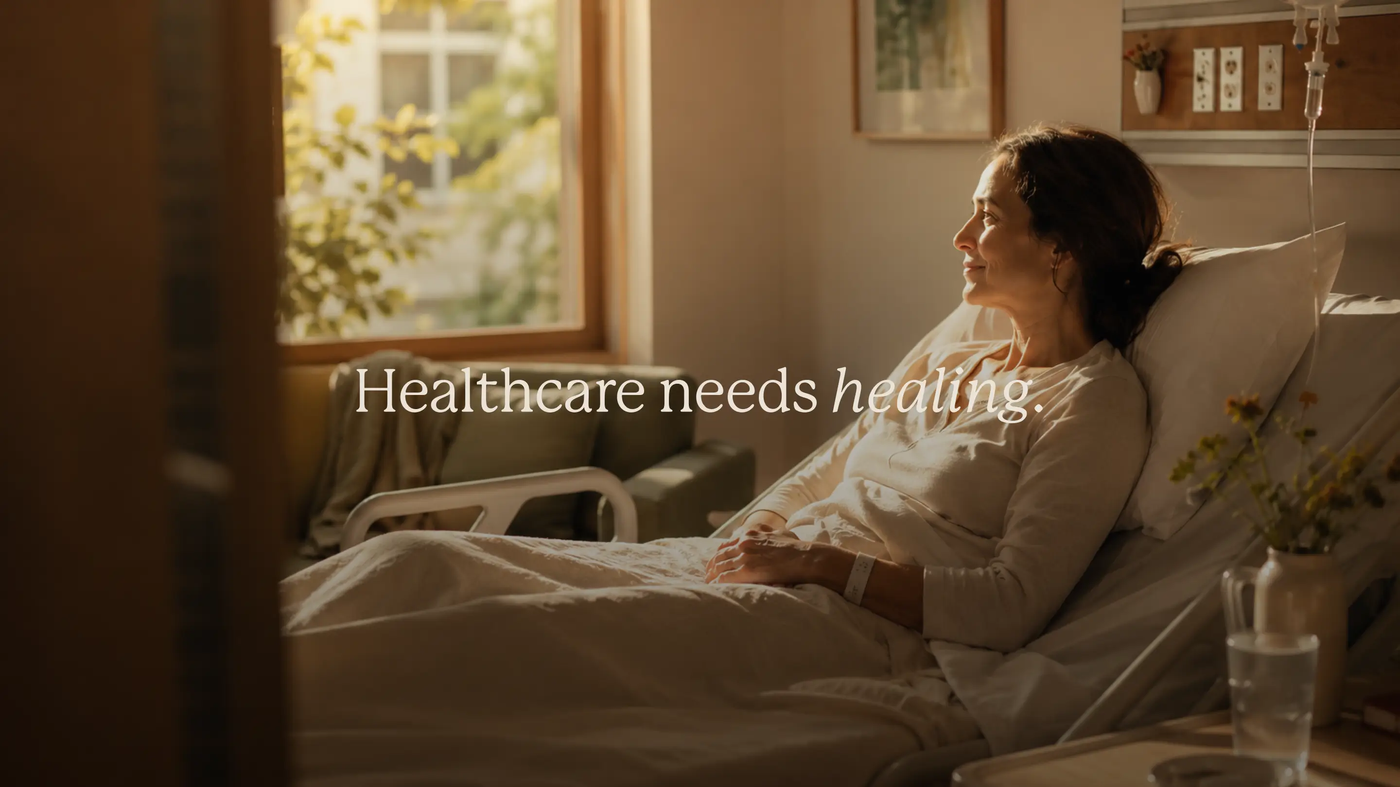 quote on photo. Woman on hospital bed looking at window.